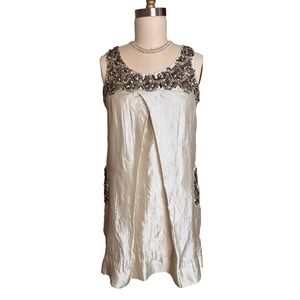 Y2K Gold Hawk Silk Embellished Dress Womens Small Champagne Gold Beaded Pockets